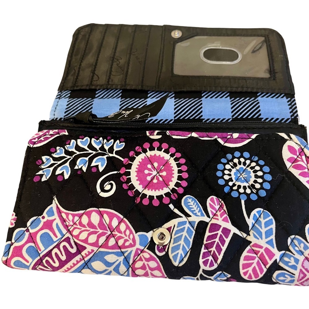 Vera Bradley Floral Wallet Black Purple Blue Quilted Snap Flap - Picture 2 of 4